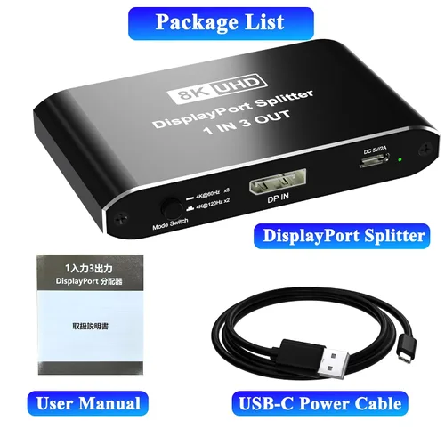 Miniatura 8 de Displayport Splitter 1 en 3 salidas, 8K @60Hz, 4K @120Hz, Resolución DP 1.4 DisplayPort Switcher Box, soporte DSC, conmutador de puerto de pantalla