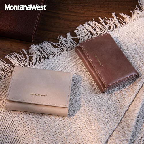 Miniatura 4 de Montana West Billetera pequeña de triple pliegue para mujer, con bloqueo RFID, carteras minimalistas con ventana de identificación, Beige