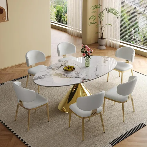 Miniatura 16 de Mesa de comedor redonda, mesa de comedor de piedra sinterizada blanca, base moderna de acero inoxidable sólido
