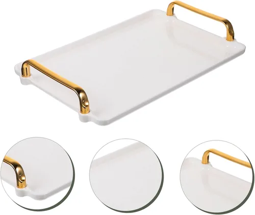 Miniatura 5 de KICHOUSE Bandeja de almacenamiento de plástico con asas para mesa de café, juego de té, desayuno, comida rápida, bandeja rectangular elegante