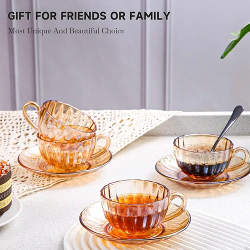 Miniatura 4 de Juego de 6 tazas de té y platillos de vidrio de GURUDAR, tazas de café de vidrio con cuchara de acero inoxidable, tazas aptas para lavavajillas