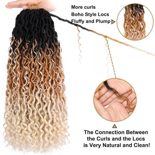 Miniatura 4 de COOKOO 18 pulgadas 8 piezas Faux Locs de diosa prerizados para ganchillo con extremos rizados 14 mechones/paquete trenzas bohemias rizadas