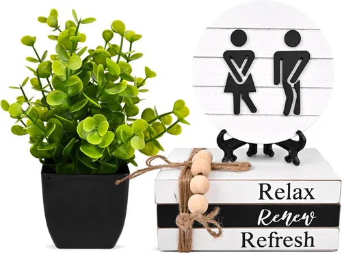 Decoración de Estante de Baño Letreros Modernos y Divertidos para Decoración de Baño, Letreros Redondos 3D de Shiplap y Pila de Libros con 1 Planta