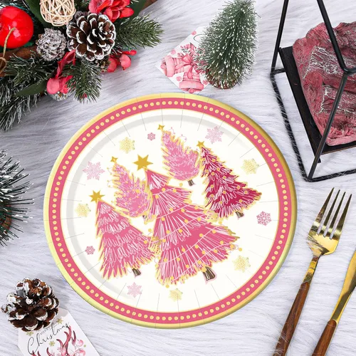 Miniatura 3 de 40 platos de Navidad de 9 pulgadas, platos de papel desechables de papel de lámina dorada, platos de fiesta de árbol de Navidad rosa para fiestas