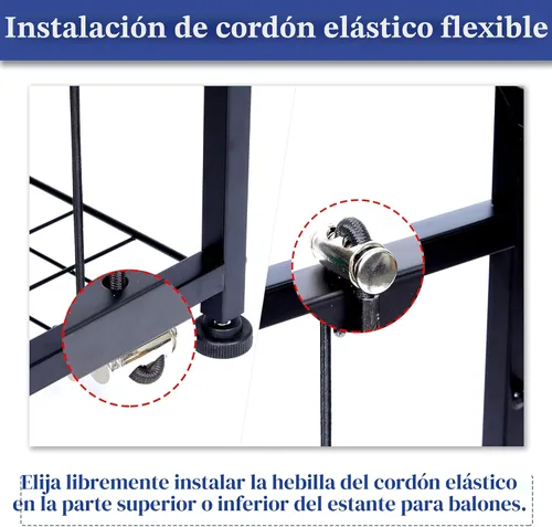Miniatura 9 de Organizador de equipo deportivo, estante de almacenamiento de pelotas con correas elásticas y canasta removible para organización de garaje