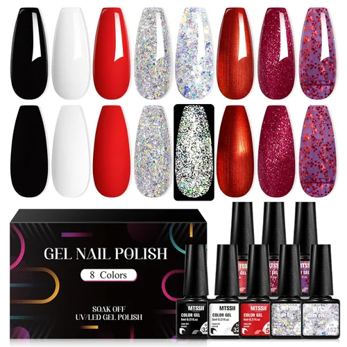 MTSSII Juego de esmaltes de uñas de gel blanco y rojo, 8 colores negro, rojo sangriento, rojo brillante, plateado, kit de esmalte de gel para salón