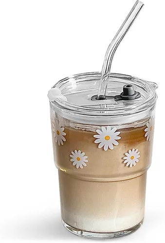 Miniatura 15 de Olvini Vaso de vidrio de 13 onzas con popote y tapa, vaso reutilizable para café helado, bonitas tazas de vidrio para agua, matcha, tazas de café