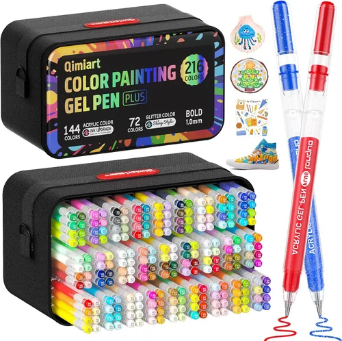 DICEKOO Paquete de 216 bolígrafos de gel acrílico para colorear, incluye bolígrafos de gel de 144 colores y 72 bolígrafos de purpurina de colores,