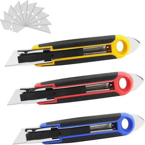XW Cuchillo utilitario de seguridad auto retráctil, cortador de caja retráctil automático de varios colores, 10 cuchillas adicionales incluidas,