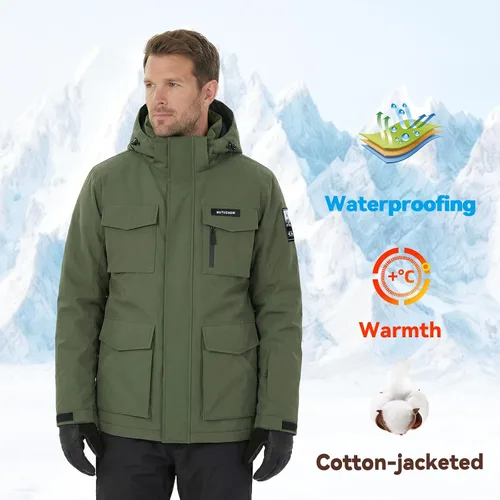 Miniatura 6 de Chaqueta de esquí para hombre, impermeable, resistente al viento, capucha extraíble para invierno, para motos de nieve, senderismo