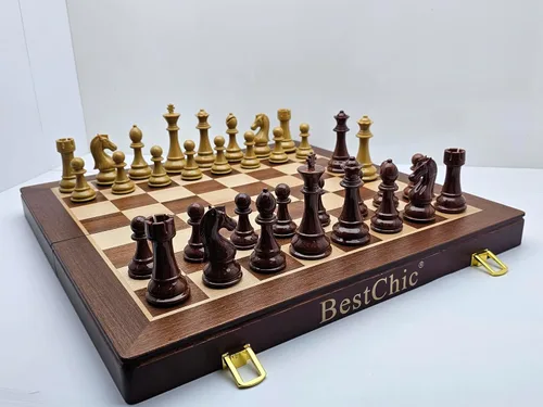 Miniatura 8 de Juego de ajedrez plegable de 18 pulgadas con piezas de ajedrez estándar de alto peso de polímero para la familia, juegos de mesa vintage, juego