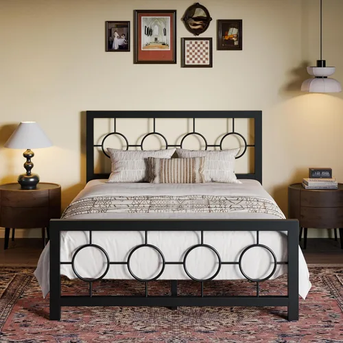 Miniatura 14 de SHA CERLIN Marco de cama de metal tamaño King con cabecera y pie de cama de diseño circular vintage, no requiere somier, fácil montaje, sin ruido