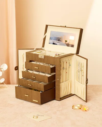 Miniatura 17 de Homde Regalos de Navidad de cuero sintético, enorme joyero, organizador de reloj con espejo, collar, anillo y aretes, estuche de regalo con Dorado