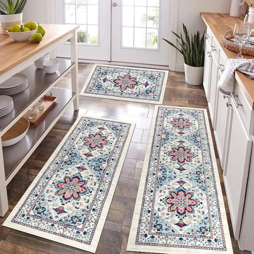 Miniatura 8 de Bsmathom - Juego de alfombras de cocina de estilo rústico de 3 piezas con corredor, alfombras de cocina antideslizantes y lavables, alfombras