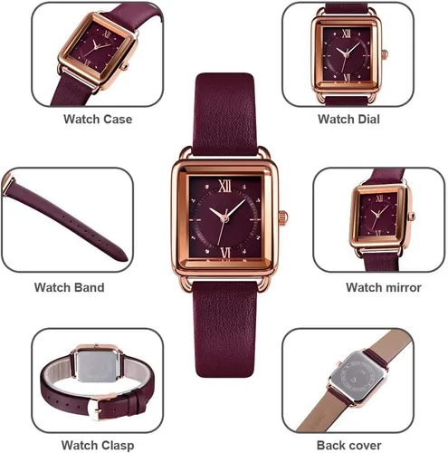 Miniatura 2 de carlien Reloj de cuarzo para mujer, elegante, rectangular, con correa de cuero y corona de zafiro