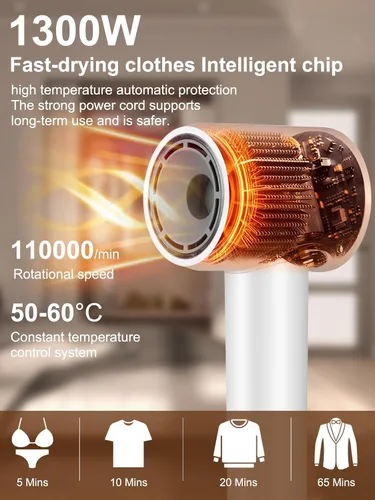 Miniatura 3 de Secador de pelo iónico de alta velocidad 2 en 1 y secadora de ropa portátil, motor sin escobillas de 110,000 rpm, secador de pelo profesional
