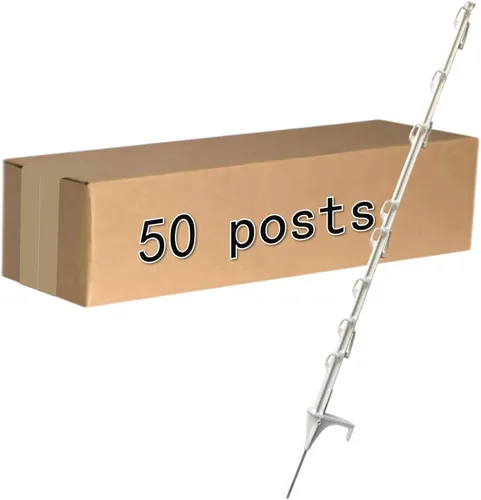 Poste de Valla Step-in (Paquete de 50), 42 Pulgadas, con 12 Lengüetas para Sujetar Alambre y Cinta, Blanco