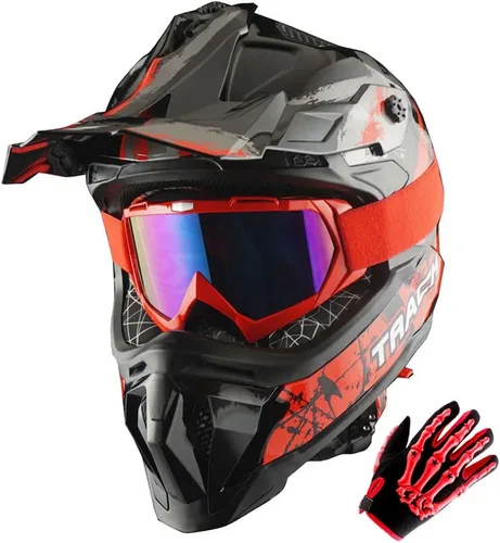 Miniatura 10 de 1Storm - Casco de motocross para adulto ATV Dirt Bike BMX MX Downhill Mountain Helmet estilo pista JH601; conjunto de casco rosa dinosaurio + gafas
