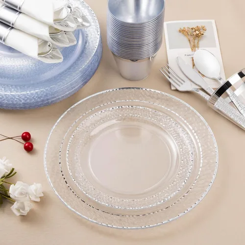 Miniatura 4 de Bestluck 350 piezas platos de plástico transparente con ribete plateado para 50 invitados, juego de vajilla desechable para fiestas y bodas, incluye