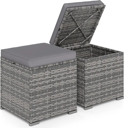 Miniatura 17 de RELAX4LIFE Otomana de mimbre para almacenamiento al aire libre, reposapiés de ratán de 2 piezas con cojín extraíble, reposapiés multiusos, mesa Rojo