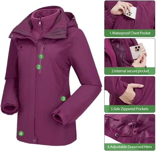 Miniatura 34 de CAMEL CROWN Chaqueta de esquí impermeable 3 en 1 para mujer, abrigo de invierno rompevientos, chaquetas de snowboard para lluvia, nieve, senderismo