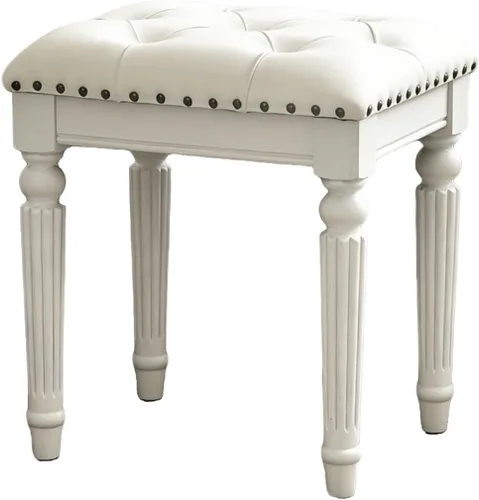 Taburete de tocador con cojín de piel sintética blanca, pequeño asiento de cuero sintético con ribete de cabeza de clavo y diseño copetudo, patas de