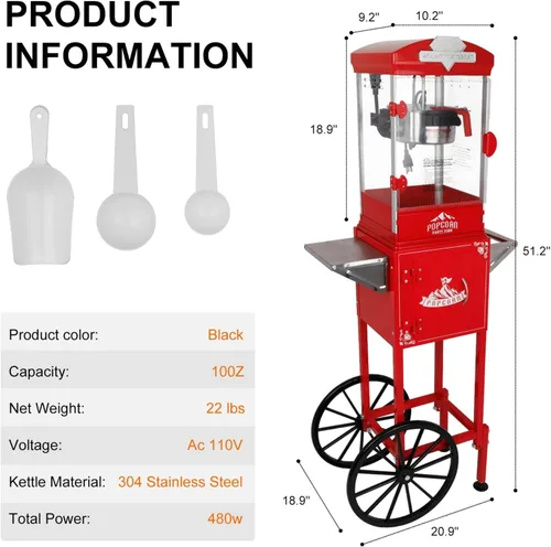 Miniatura 2 de Máquina de palomitas de maíz con carro, hervidor de acero inoxidable de 10 onzas, máquina para hacer palomitas de maíz estilo cine vintage para Negro