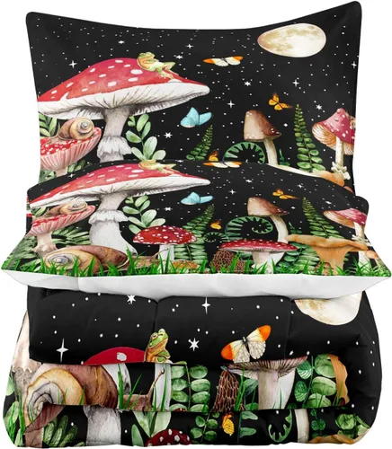 Miniatura 4 de LUVIVIHOME Juego de edredón de 2 piezas de hongos trippy rojos, tamaño individual, ropa de cama para niños y niñas, plantas botánicas verdes