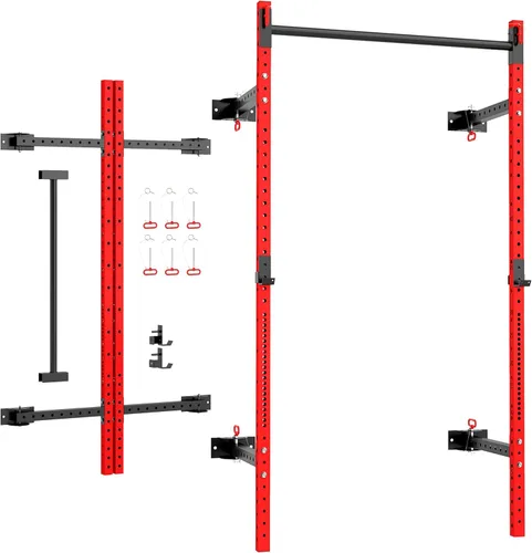 Soozier Estante plegable para sentadillas con barra de dominadas ajustable, soporte de potencia de 1000 libras de capacidad montado en la pared,