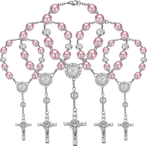 Tudomro Rosario de cristal rosa, 24 piezas de rosario de bautismo, rosarios de dedo, perlas de imitación para bautismo, bautizo, comunión, recuerdos