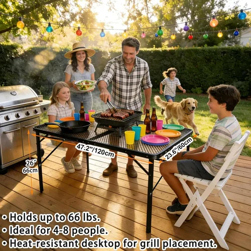 Miniatura 4 de Mesa plegable de 4 pies con escritorio de malla metálica, mesa de campamento con asa de transporte, altura ajustable (16.5 y 26 pulgadas), mesa al