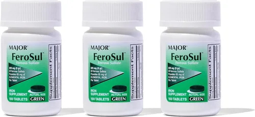Major Ferosul - Tabletas de sulfato ferroso de 325 mg con 65 mg de hierro elemental, suplemento de hierro para mujeres, hombres, verde, 100 unidades