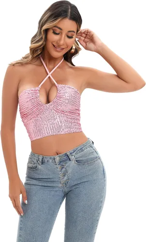 Miniatura 5 de ELQUCHOU Women Going Out Shiny Sexy Cute Metallic Sequin Crop Top Lace Up Halter