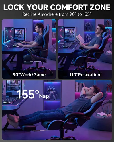 Miniatura 5 de GTPLAYER Silla de juegos para adultos, silla ergonómica para juegos de computadora con reposapiés, altura ajustable, reclinación de 90-155° y Azul