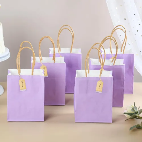 Miniatura 3 de DjinnGlory Paquete de 60 mini bolsas de regalo de papel morado con asas, 6.3 x 4.7 x 2.75 pulgadas, pequeñas bolsas de lavanda para cumpleaños