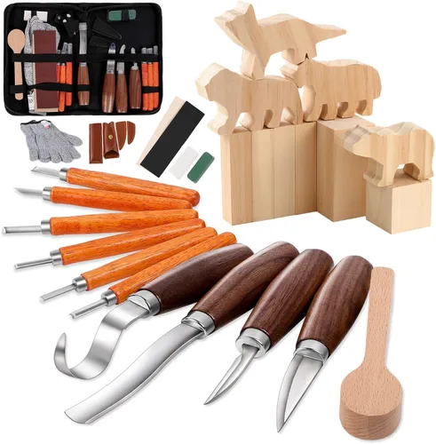 Miniatura 13 de Kit de tallado de madera, 26 herramientas de tallado de madera con 4 cuchillos de tallado de madera, 4 cuchillos de detalle, 10 bloques de tilo