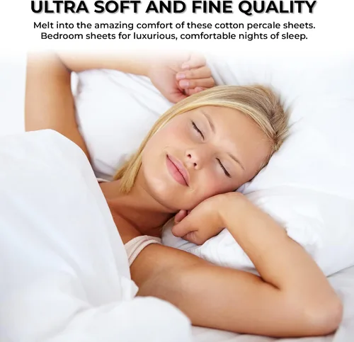 Miniatura 5 de Tribeca Living Juego de sábanas y fundas de almohada de percal de algodón egipcio fresco y suave, tamaño California King, bolsillo extra profundo