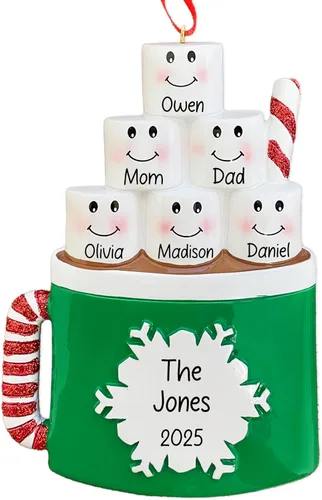 Miniatura 11 de Adorno de Navidad personalizado de la familia de 6 de chocolate caliente 2026 Malvaviscos personalizados en taza de cacao con bastón de caramelo