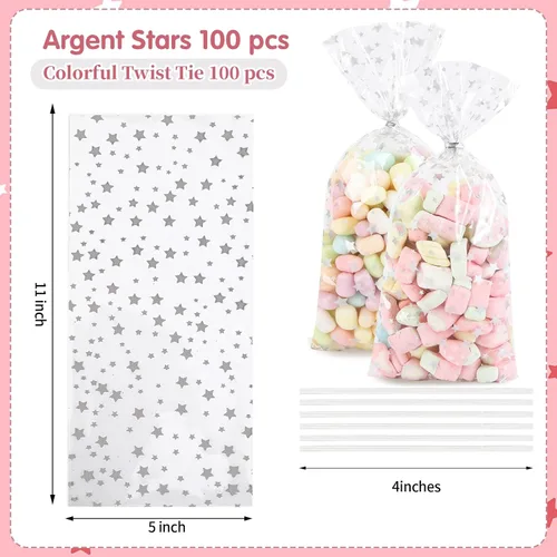 Miniatura 2 de 100 bolsas de celofán con estampado de estrellas plateadas de 5 x 11 pulgadas, bolsas de celofán transparentes para galletas, con lazos giratorios