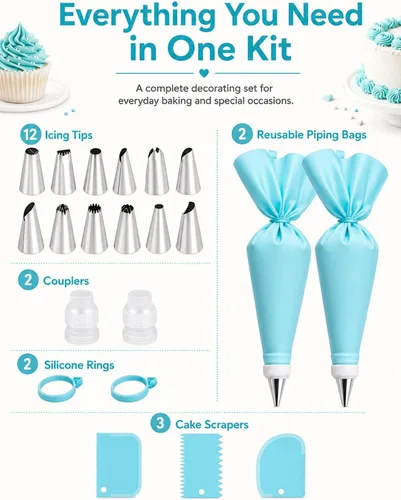 Miniatura 9 de Juego de bolsas y puntas de tubería, suministros de decoración de pasteles reutilizables con 2 bolsas reutilizables, 12 puntas de glaseado, 2