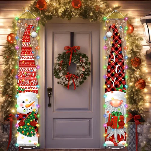 Miniatura 7 de Irenare Decoraciones de Pancarta de Navidad Iluminada con Luz LED Feliz Navidad Letrero de Porche Frontal Muñeco de Nieve Gnomo Pancarta Colgante
