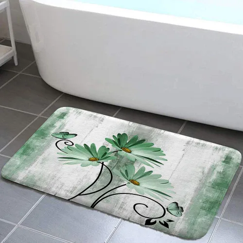 Miniatura 13 de Alfombra de Baño Rústica de Granja, Alfombra de Baño de Madera de Campo con Flores de Margaritas Moradas, Mariposas y Estilo Campestre, Alfombra