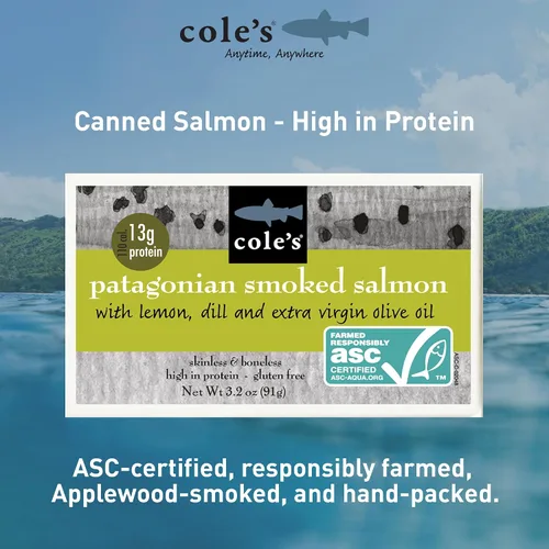 Miniatura 3 de Cole's Filete de Salmón Ahumado Patagónico con Limón y Eneldo en Aceite de Oliva Extra Virgen 3.2 oz Envasado a Mano Salmón Ahumado Enlatado 13g