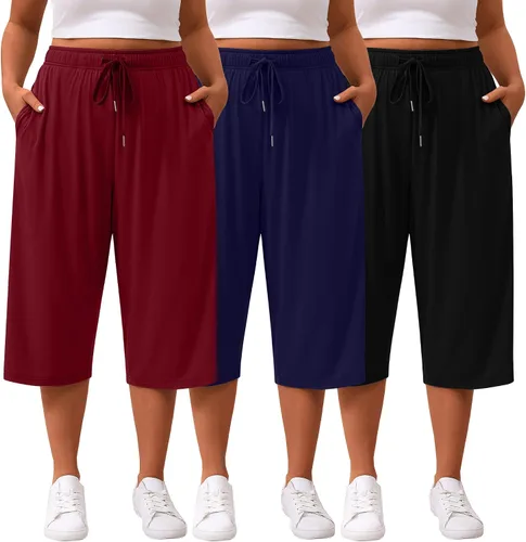Miniatura 19 de Paquete de 3 pantalones capri de talla grande para mujer, ajuste holgado, pierna ancha, pantalones recortados para yoga, descanso, entrenamiento