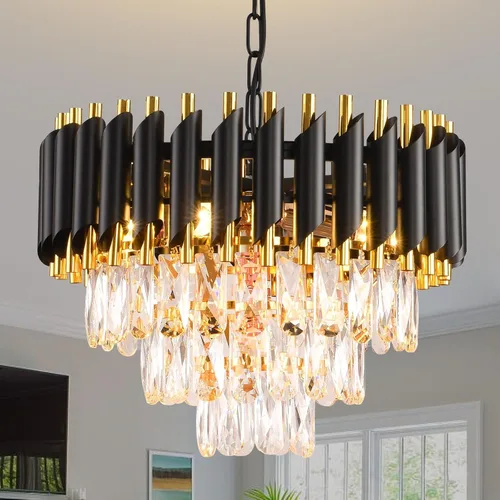 Miniatura 13 de Candelabro de cristal moderno dorado de 5 niveles para sala de estar, lámpara de araña grande de cristal negro, lámpara colgante de techo