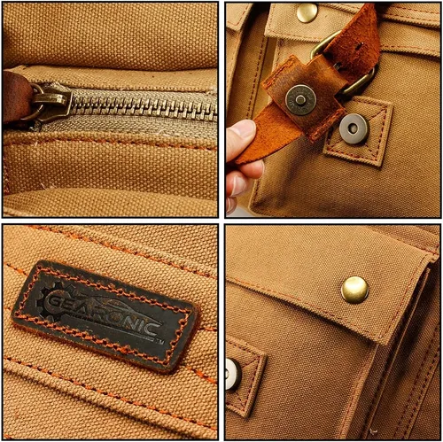 Miniatura 6 de Bolsa de mensajero para portátil vintage, de lona, de cuero, bandolera, bolso de hombro para computadora, viaje, oficina, bolso de mensajero