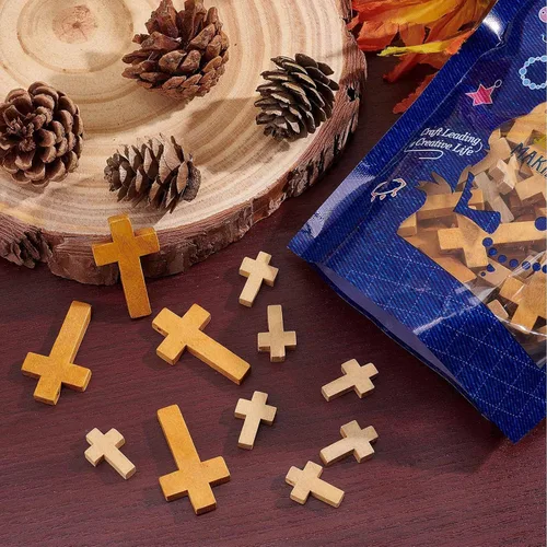 Miniatura 7 de SUNNYCLUE 100 piezas de 2 estilos de cruces de madera de Pascua a granel con cruz de madera natural, cuentas de cruz para manualidades, fiestas, 100