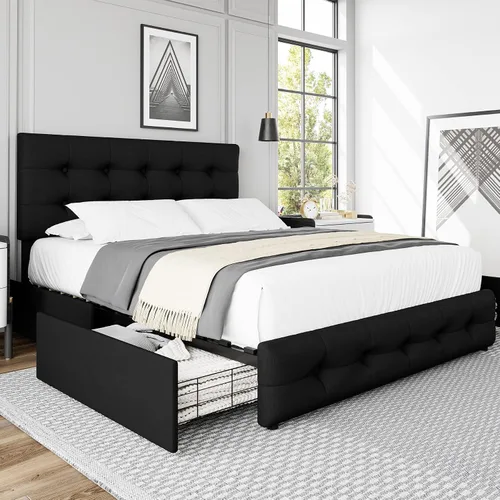 Miniatura 8 de TTVIEW Base de cama de tamaño completo con 4 cajones de almacenamiento y cabecera ajustable, cama plataforma tapizada con diseño de botones
