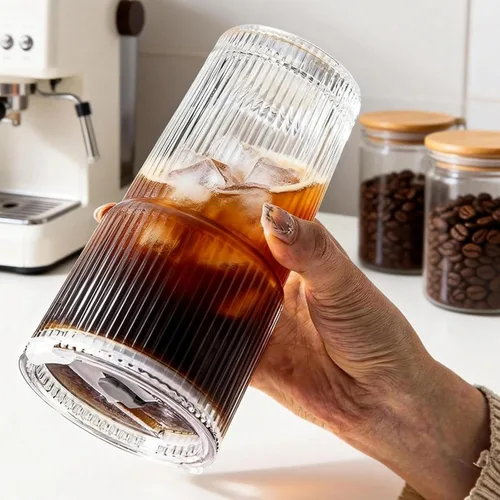 Miniatura 8 de Vaso de vidrio acanalado de 20 onzas, tazas de café helado con tapas y pajitas, vaso grueso reutilizable para llevar, ideal para café, batidos