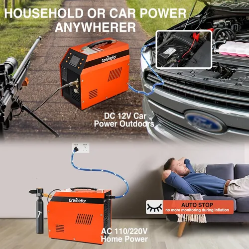 Miniatura 6 de Compresor de aire PCP 4500 PSI / 30 MPa, motor de 350 W, pantalla LCD, parada automática, sin agua/aceite, adaptador integrado de 600 W, 12 V CC